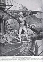 El capitán Cook acercándose a Nueva Zelanda, ilustración de 