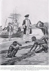 El capitán Cook desembarcando en Tasmania, 1777, ilustración de 