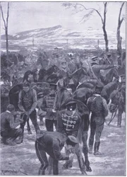 Campamento de caballería japonesa en Seúl: Herreros trabajando, ilustración de Cassells History of the Russo-Japanese War Vol 1, c.1900