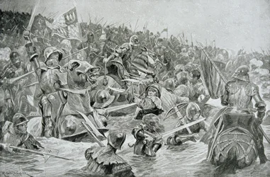 La batalla de Towton en 1461, ilustración de «Historia de la nación británica» de Hutchinson