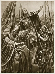 La elevación de Eduardo el Viejo durante su coronación en Kingston upon Thames, el domingo de Pentecostés, de «The Illustrated London News», 1902