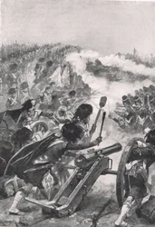 Los Highlanders girando los cañones franceses capturados hacia los batallones de Brenniers, ilustración de 
