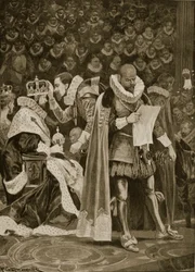 El homenaje, la largueza y el perdón general en la coronación de Jacobo I y Ana de Dinamarca, 25 de julio de 1603, de «The Illustrated London News», 1902