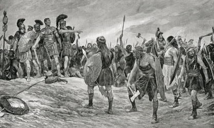 Vespasiano rescatado por su hijo Tito, ilustración de 