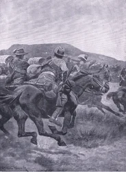 La caballería atacando la retaguardia y el transporte de De Wet, de Después de Pretoria: La Guerra de Guerrillas publicado por Harmsworth Bros Limited, 1901