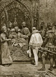 Una de las primeras embajadas inglesas en la India, 1599, ilustración de «Historia de la nación británica de Hutchinson», hacia 1923