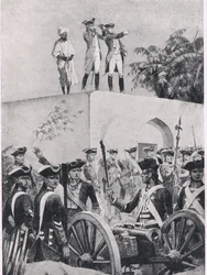 Batalla de Plassey, 23 de junio de 1757: Clive en el techo del pabellón de caza de Nawab Surat-ud-Daula, ilustración de British Battles on Land and Sea, 1915