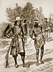 Dampier examinando un boomerang en Australia, ilustración de 