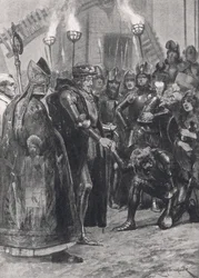 Eduardo III saludando al Príncipe de Gales después de la Batalla de Crécy, ilustración de 