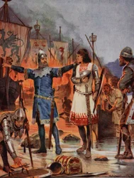 FitzStephen quema sus barcos, 1169, ilustración de «Historia de la nación británica de Hutchinson», hacia 1923