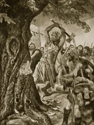 Malachy talando el árbol de coronación de Munster en 982, ilustración de «Hutchinson