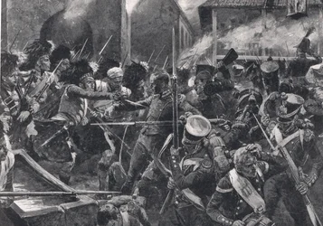 Los 42º Highlanders expulsando a los franceses de Elvina, ilustración de 