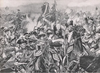 La batalla de Minden, 1 de agosto de 1759, ilustración de British Battles on Land and Sea, 1915