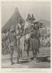 Las hostilidades en Nigeria, un oficial expedicionario británico entrevistando a un jefe