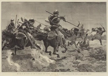 La guerra en Sudán, la lucha en Hasheen, cerca de Souakim, 20 de marzo, los lanceros del 5º cargando en el flanco del ataque de Osman Digna