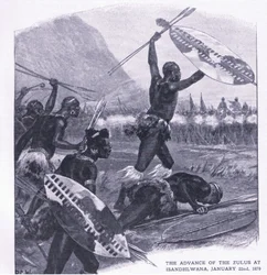 El avance de los zulúes en Isandhlwana, 22 de enero de 1879, ilustración de British Battles on Land and Sea, 1915
