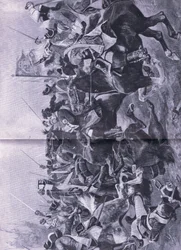 El conflicto de caballería en la batalla de Ramillies, 3 de mayo de 1706, ilustración de British Battles on Land and Sea, 1915