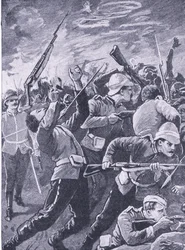 La defensa de Rorkes Drift, ilustración de British Battles on Land and Sea, 1915