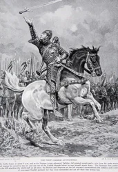La primera carga en Hastings: Taillefer, el juglar malabarista de espada, salió de las filas a caballo cantando y lanzando su espada al aire, 1066, ilustración de «Historia de la nación británica» de Hutchinson