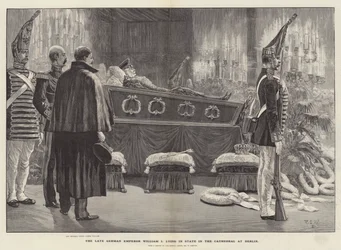 El difunto emperador alemán Guillermo I en estado en la Catedral de Berlín