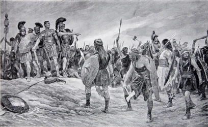 Vespasiano rescatado por su hijo Tito, ilustración de 