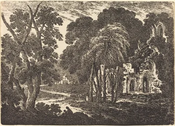 Abadía en ruinas entre árboles