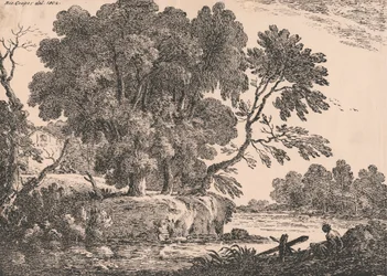 Paisaje con grupo de árboles rodeados de agua, casa de campo a la izquierda, mujer sentada a la derecha en primer plano