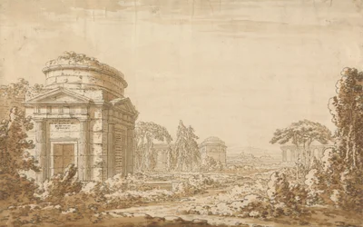 Paisaje clásico italiano con templos y un acueducto en ruinas