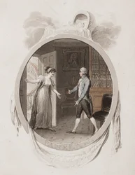 La Srta. Darnford llevando a Mr. B la noticia del nacimiento de un hijo, Lett. 18, ilustración para una edición de 1802 de 