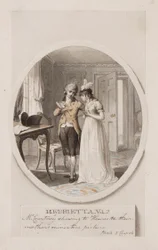 El Sr. Courtney mostrando a Henrietta el retrato en miniatura de su madre, Libro 5 Capítulo 4, ilustración para una edición de 1798 de 