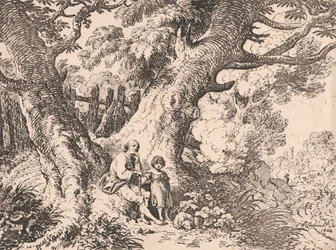 Árboles viejos con anciano, niño y perro
