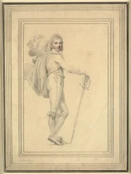 Retrato de cuerpo entero de un caballero con espada en una mano y un sombrero con plumas en la otra