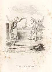 El esqueleto de la Muerte lanza una pelota a un jugador de críquet al bate, 1827 (grabado)