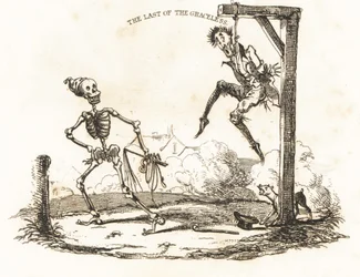 Viñeta de un esqueleto y un hombre colgando de una horca.,1827 (grabado)