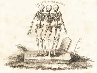 Viñeta de tres esqueletos en una lápida, 1827 (grabado)