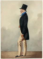Retrato de un hombre con abrigo negro y corbata azul y blanca