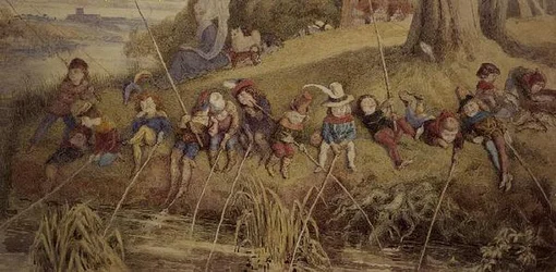 Dame Julianna Berners enseñando a sus jóvenes alumnos el arte de la pesca