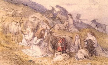 Niñas peinando barbas de cabras (acuarela y bolígrafo y tinta marrón)