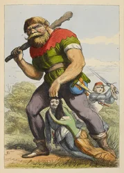 Jack acercándose a un gigante por detrás. El gigante arrastra de los cabellos a un caballero de la mesa redonda. Una dama se aferra al caballero. Ilustración a color en un libro infantil.