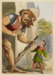 Jack mirando a un gigante que tiene dos cabezas. El gigante es galés. Ilustración a color en un libro infantil.
