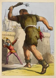 Jack listo para luchar contra un gigante fuera de un castillo. Ilustración a color en un libro infantil.