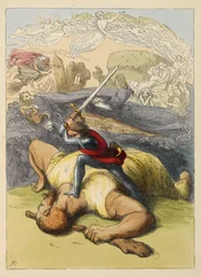Jack de pie sobre el cuerpo de un gigante, con su espada en alto. Ilustración en color en un libro infantil.