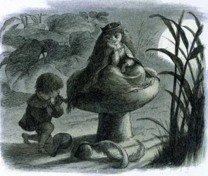 Un hada del agua sentada sobre un hongo es cortejada por un amante. En ""El mundo de las hadas"" de Richard Doyle