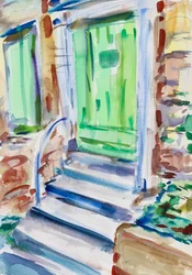 Puerta verde y persianas