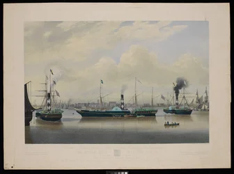 A la Humber Union Steam Packet Company este grabado del buque de vapor Wilberforce en tres posiciones con una vista del puerto y la ciudad de Hull...