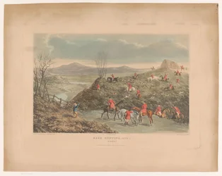 Paisaje montañoso con cazadores y perros en un campo cazando liebres Caza de liebres, lámina 1. ¡Soho! (título en el objeto)