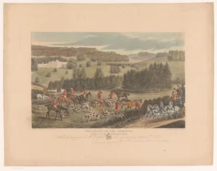 Cazadores y perros alrededor de un ciervo moribundo cerca de Whatcombe House La muerte del corzo, con vistas a Whatcombe House (título sobre el objeto)