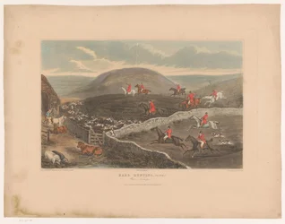 Paisaje con perros y cazadores a caballo corriendo por los campos Caza de liebres, lámina 2. ¡Nabos de guerra! (título en el objeto)