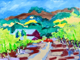 Camión rojo en un viñedo, California, 2021 (óleo sobre lienzo)