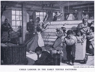 Trabajo infantil en las primeras fábricas textiles, c.1950